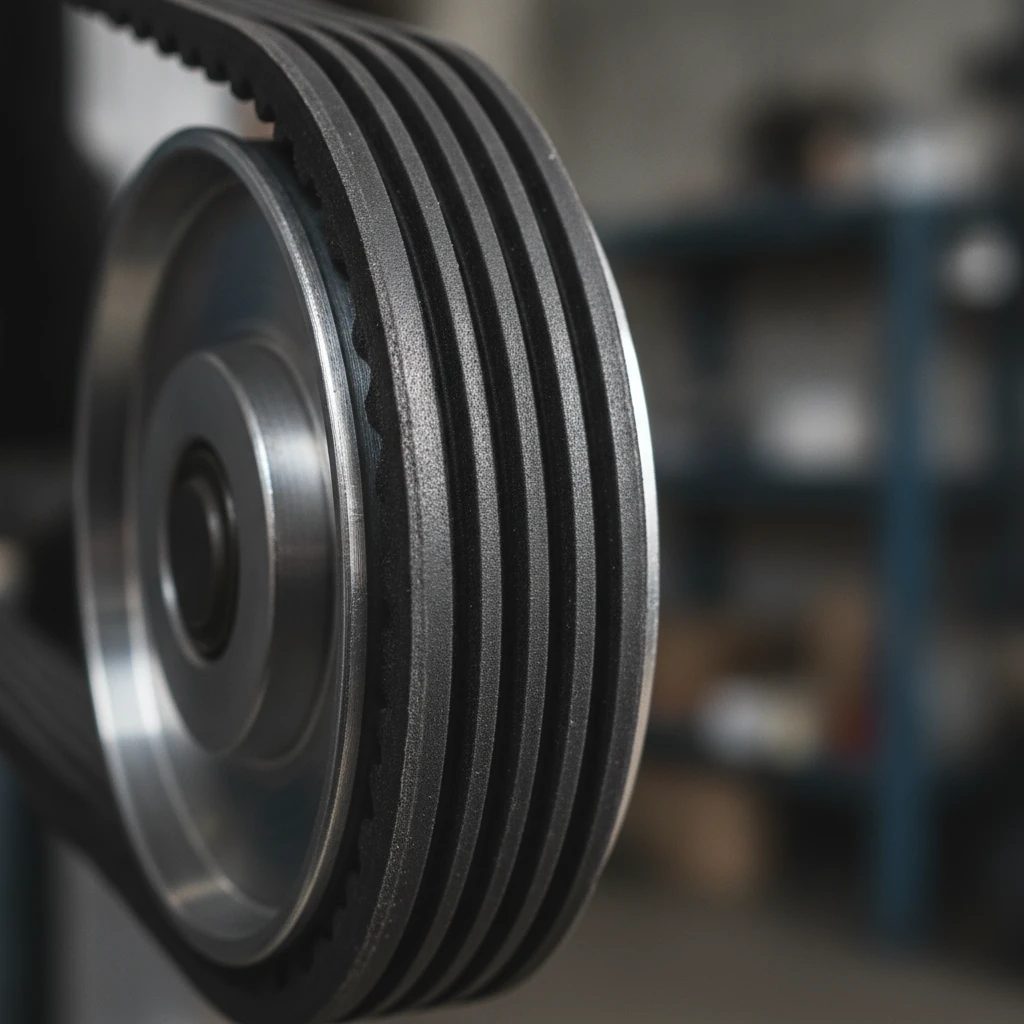 Close up of a ribbed serpentine drive belt wrapped around a tensioner pulley