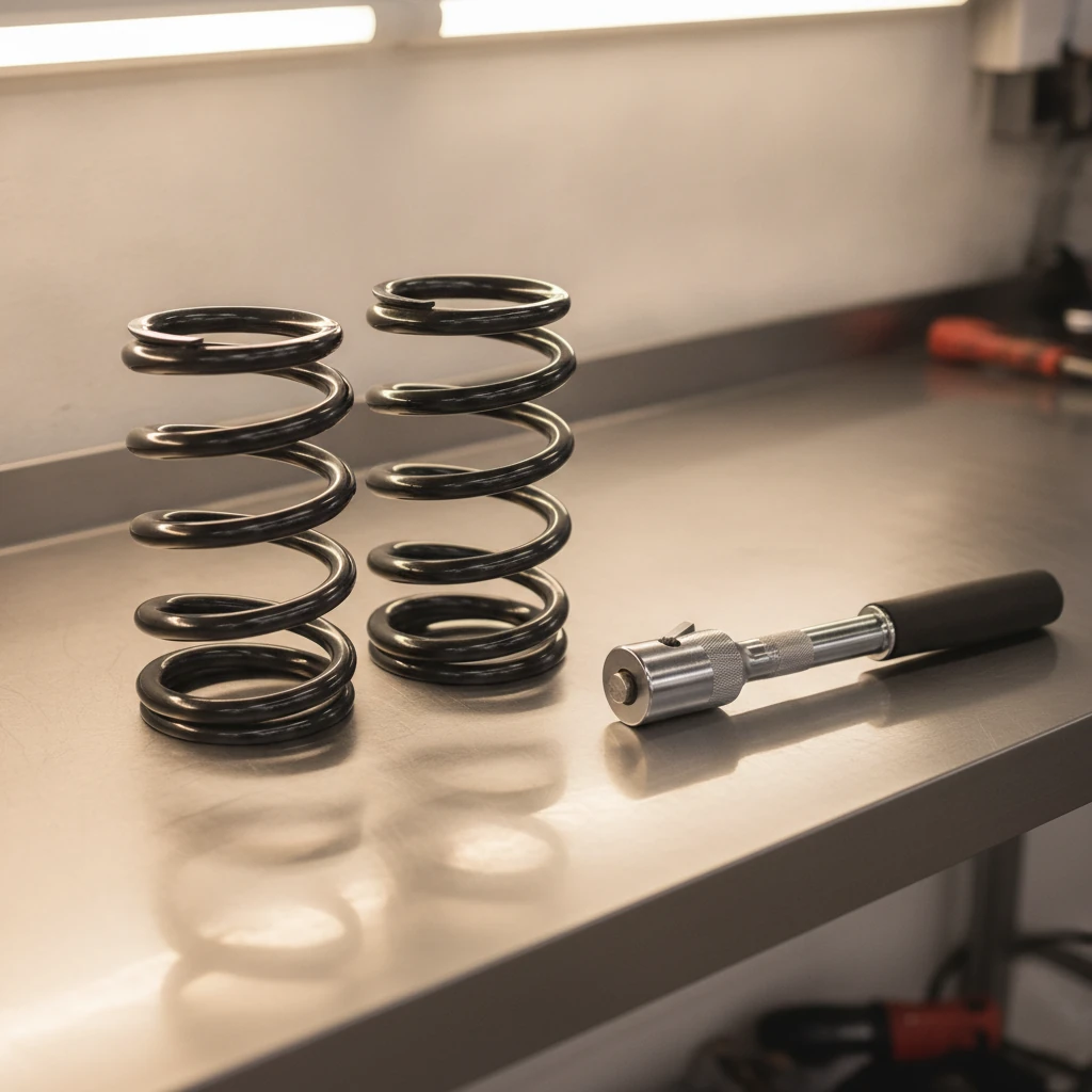 New coil springs and a torque wrench on a workshop bench under bright work lights