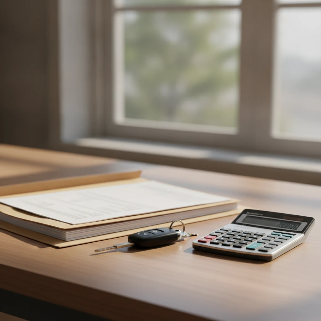Vehicle documents, keys and a calculator arranged on a tidy office desk