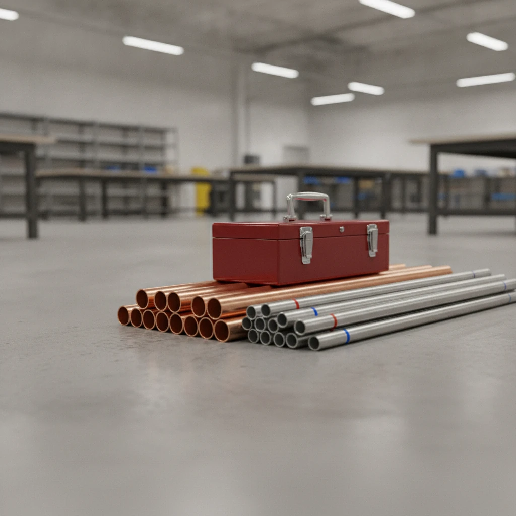 copper pipe, conduit and a steel toolbox stacked on a concrete shop floor ready to load