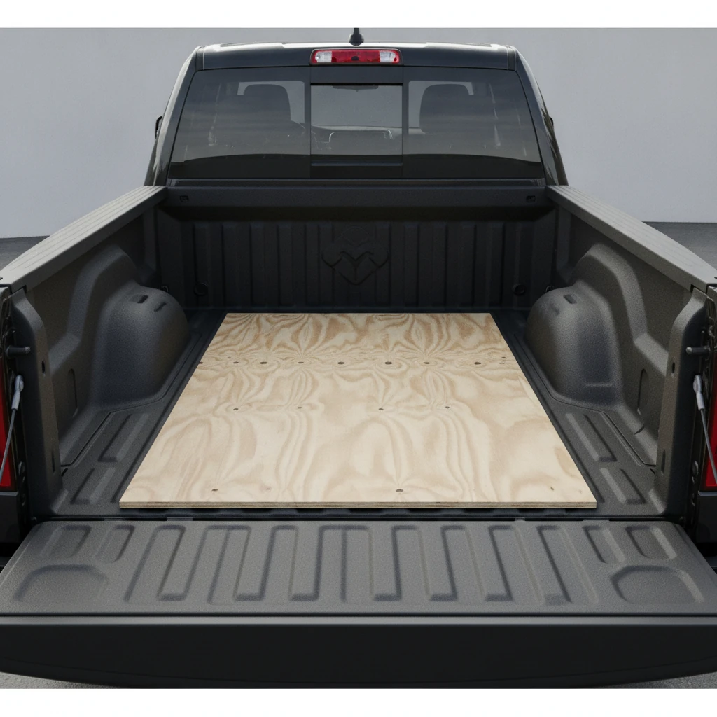 Sheet of plywood lying flat on a pickup truck bed floor between the raised wheel wells