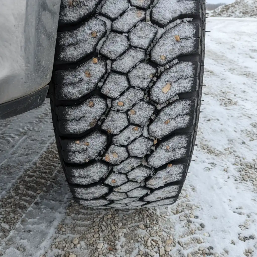 Close up of a truck tire tread packed with snow on a snow covered gravel approach