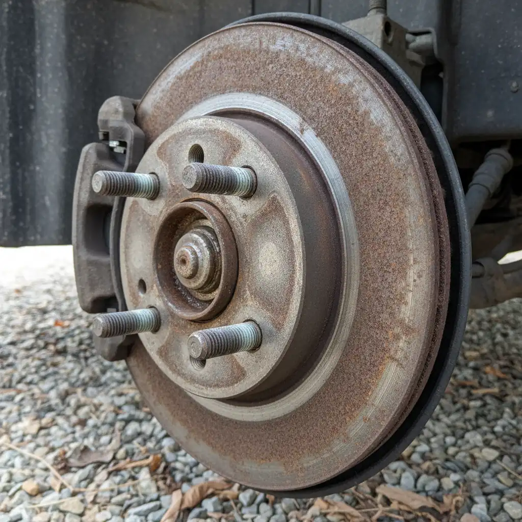 Truck wheel end with the wheel removed showing the brake rotor and hub flange with studs