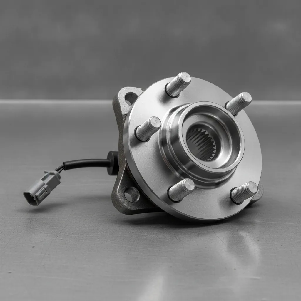 Sealed wheel hub bearing assembly with five studs and a sensor pigtail on a workbench