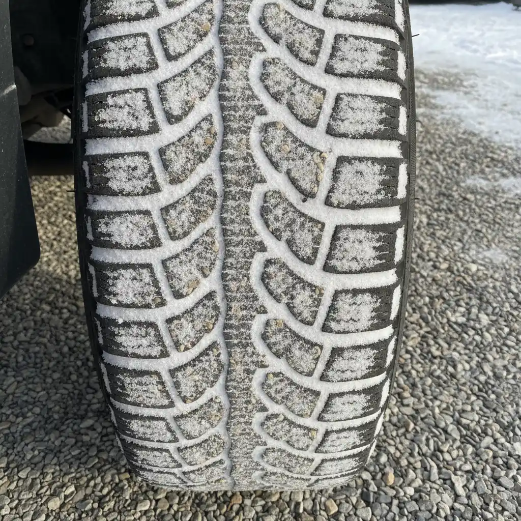 Close up of a winter tire tread packed with snow on a snow covered gravel road