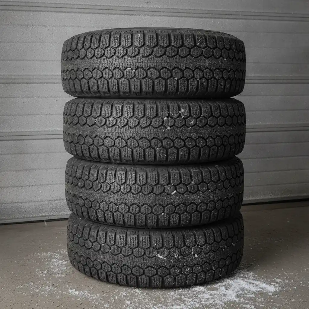 Four winter tires stacked beside a garage bay door on a snowy prairie morning