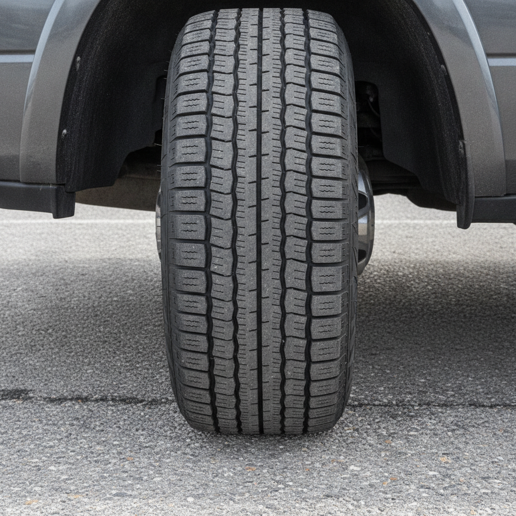 shallow all season tire tread on a pickup truck resting on cold dry asphalt