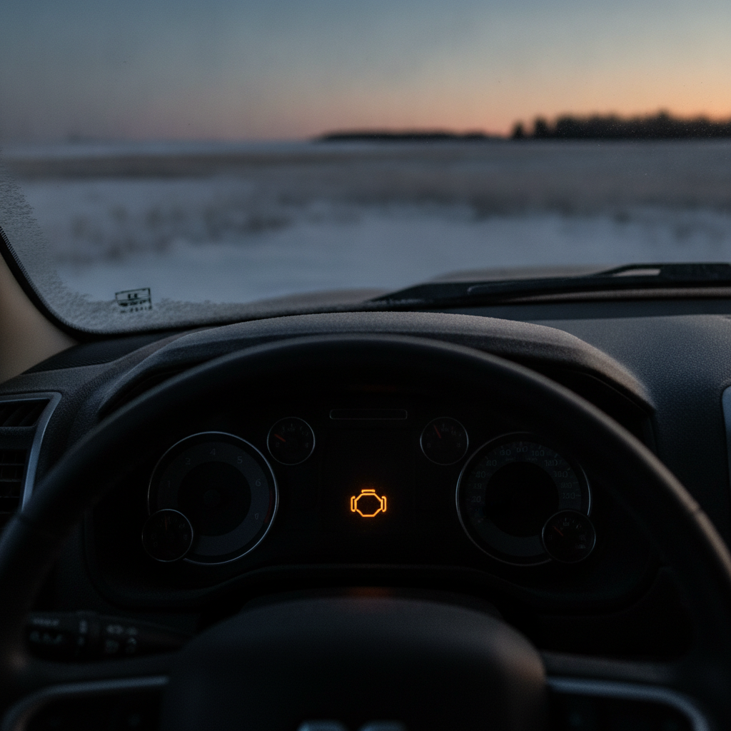 pickup instrument cluster with a single amber engine warning symbol lit on a frosty morning