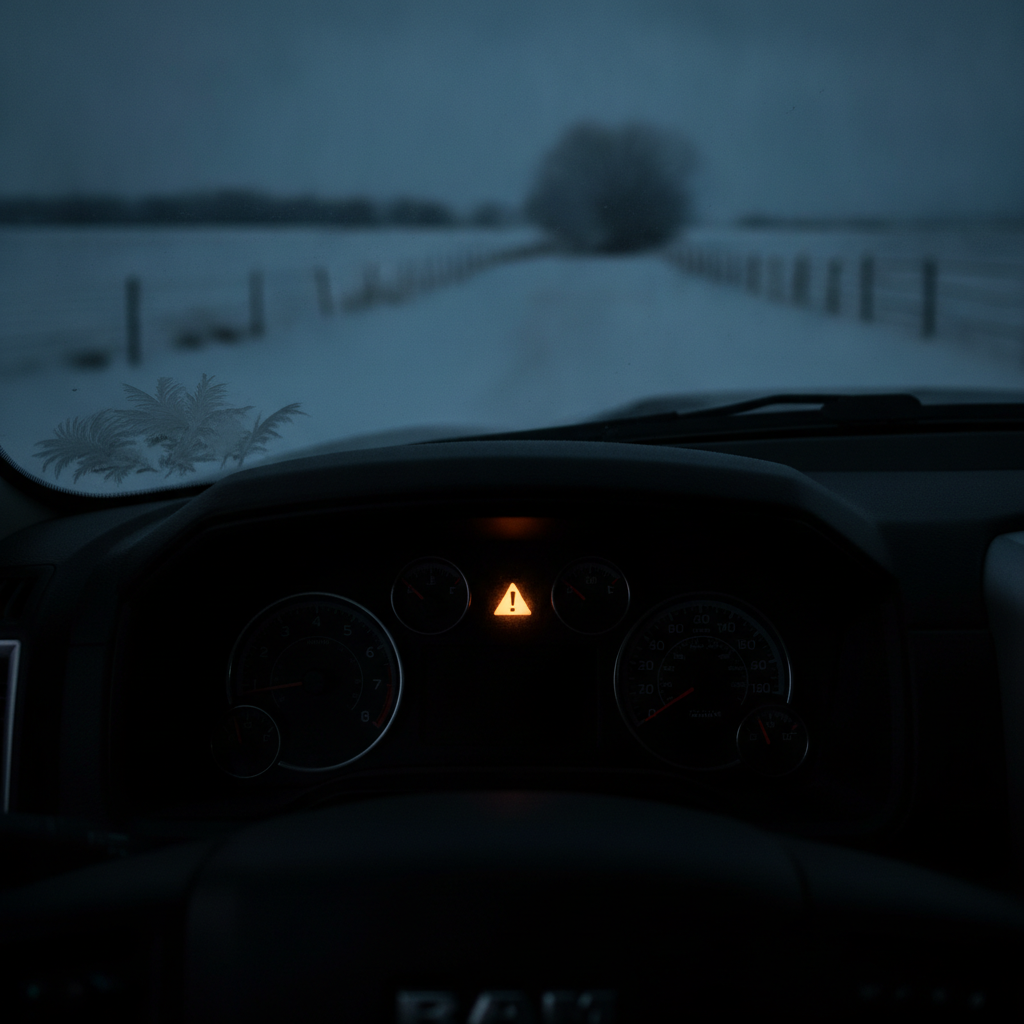 diesel pickup instrument cluster with one amber warning symbol lit on a frosty morning