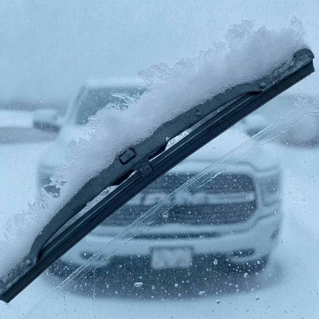traditional framed wiper blade with exposed metal joints packed with snow and ice