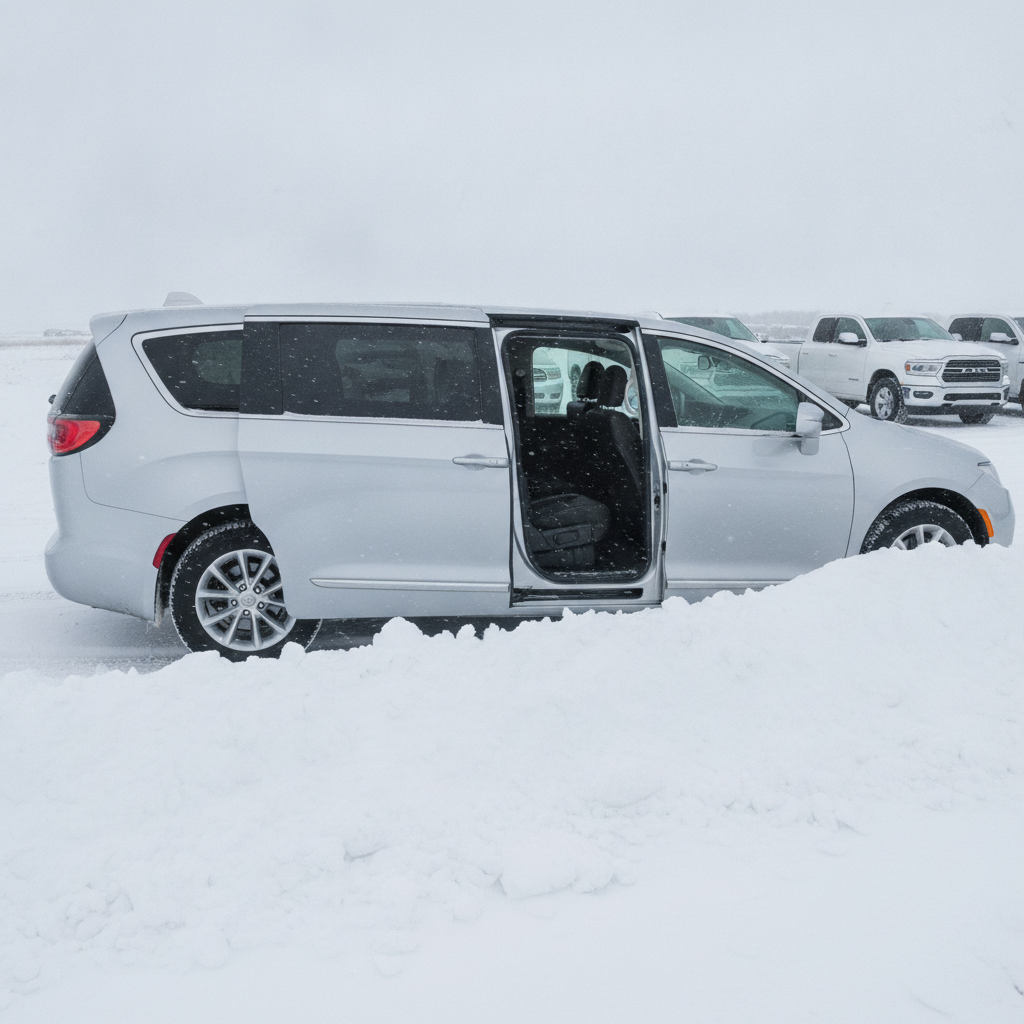 minivan with its rear sliding door open beside a plowed snowbank in a snow covered parking lot