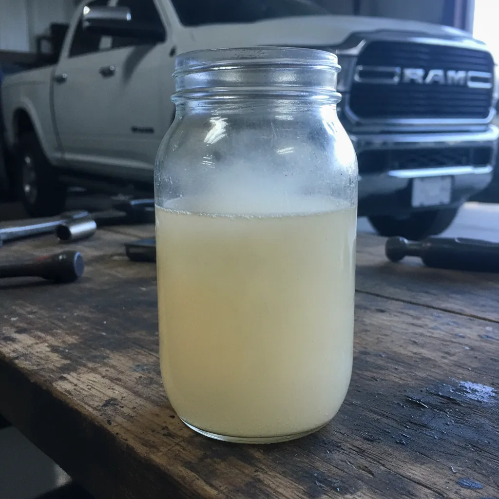 clear glass jar of cloudy hazy diesel fuel showing wax haze in cold light
