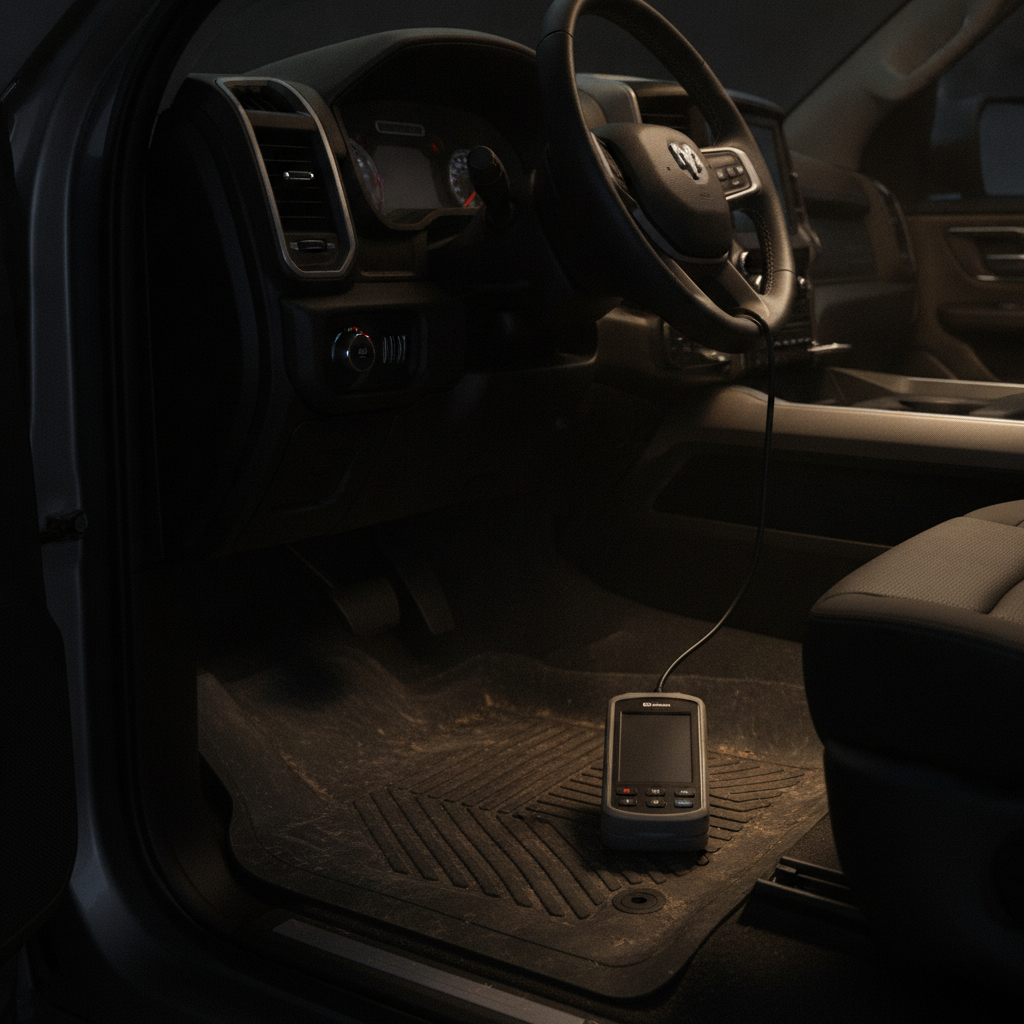 handheld code reader plugged into the diagnostic port under a pickup dashboard