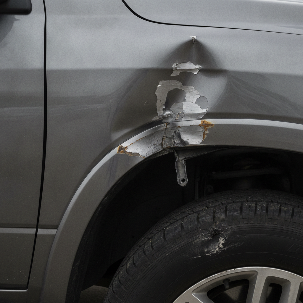 close up of buckled collision damage to a pickup truck front fender and wheel arch