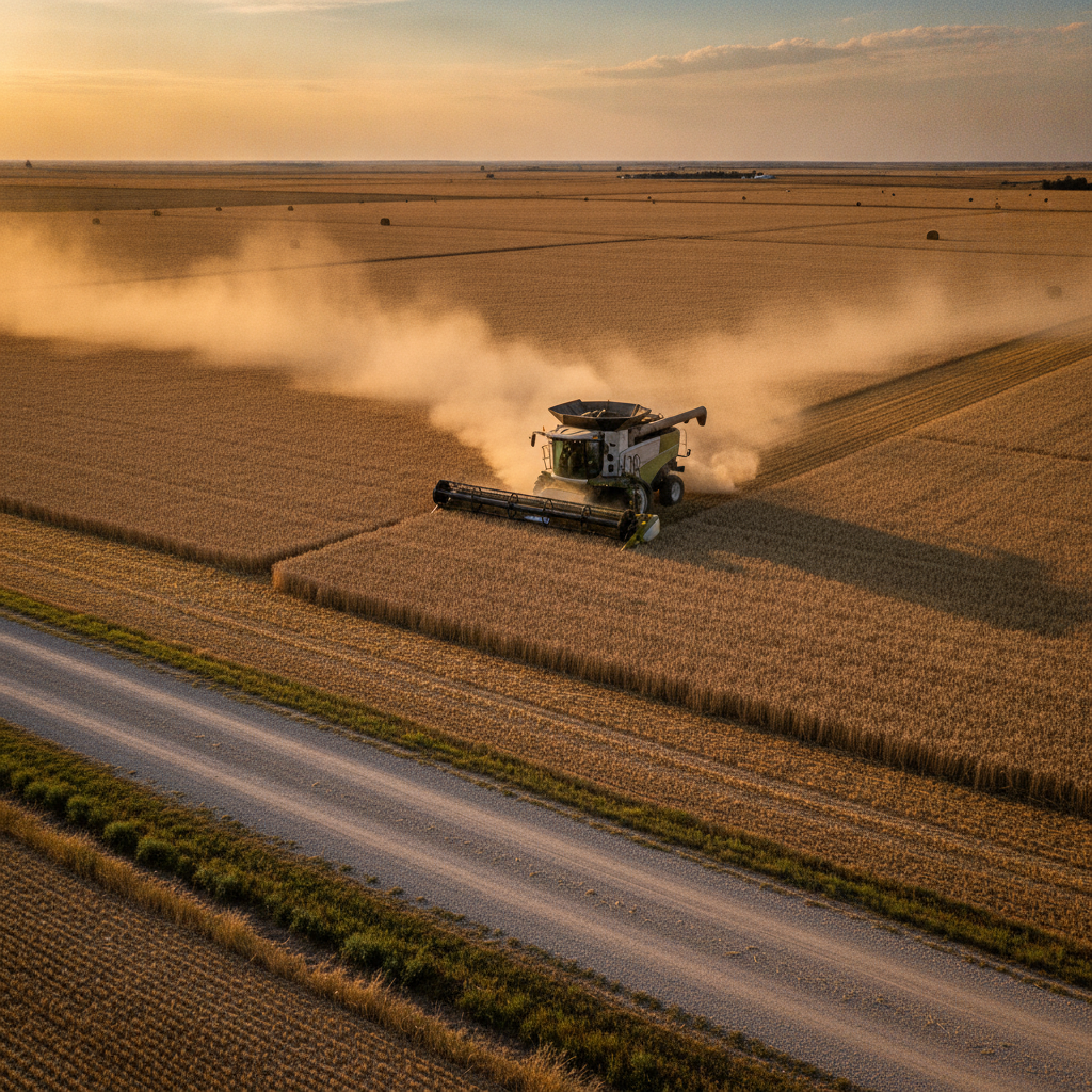 combine raising a heavy plume of dust and chaff over a prairie wheat field