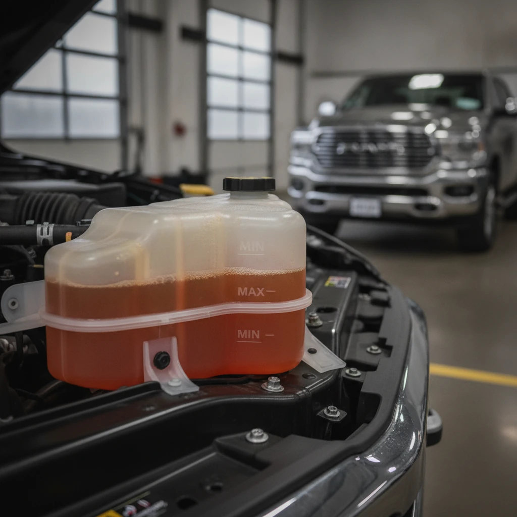 engine coolant reservoir tank with minimum and maximum level markings in an engine bay