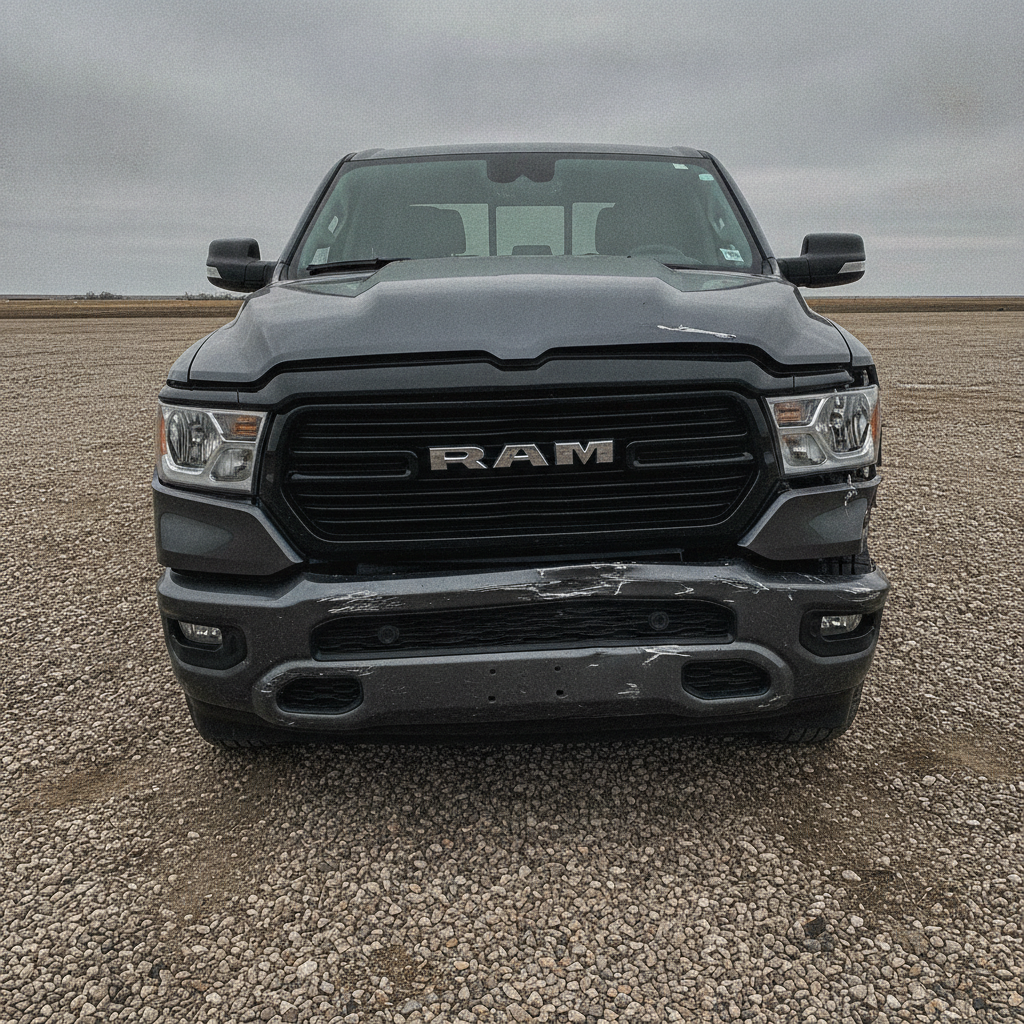crumpled front bumper on a pickup parked in a gravel yard under a grey prairie sky
