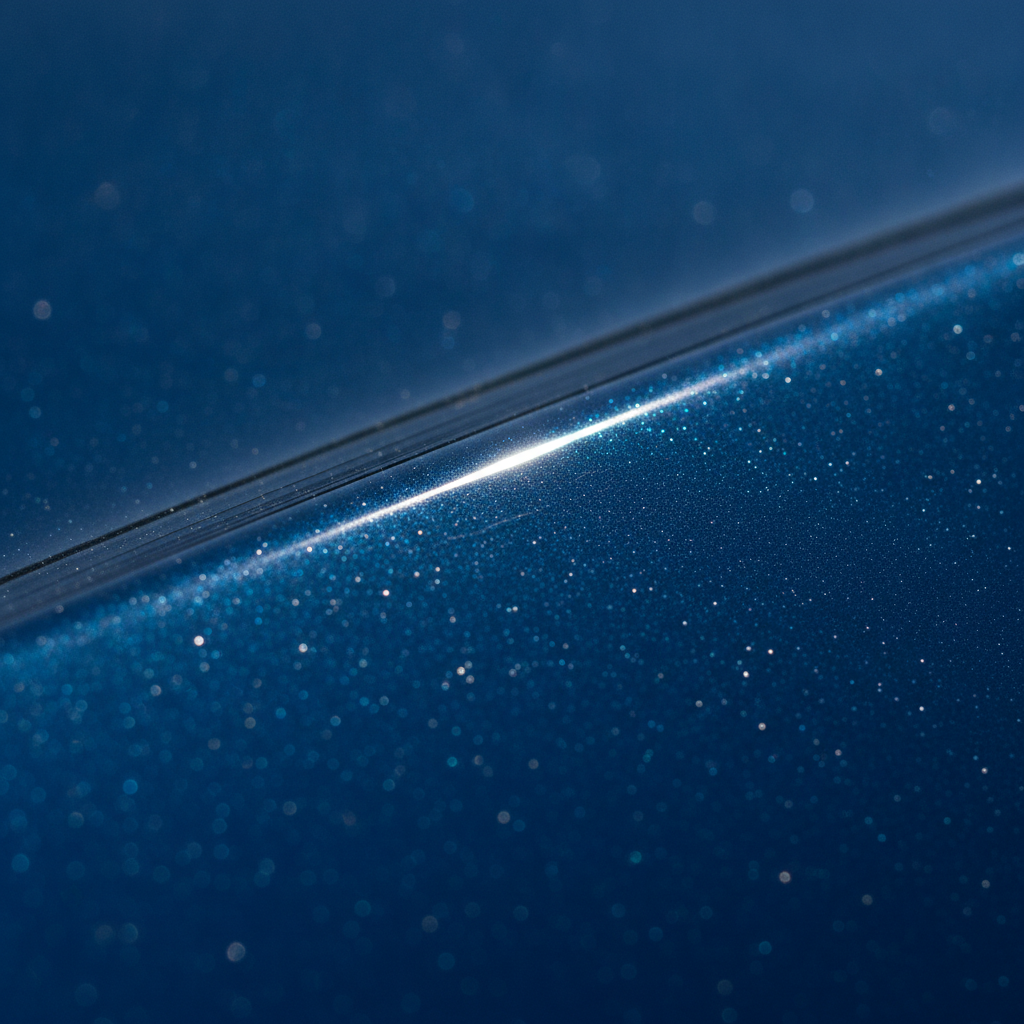 close macro of deep metallic blue automotive paint with metallic flake catching direct sunlight