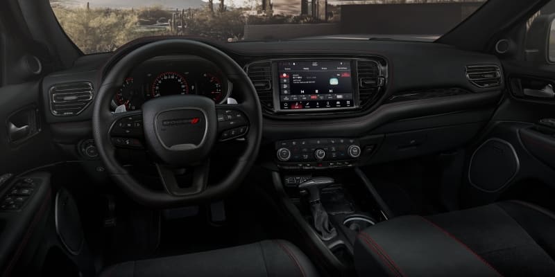 2026 Dodge Durango front cabin with the steering wheel, gauges and touchscreen