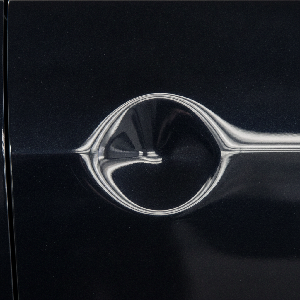 shallow round door ding in dark glossy paint with a striped light reflection bending across it