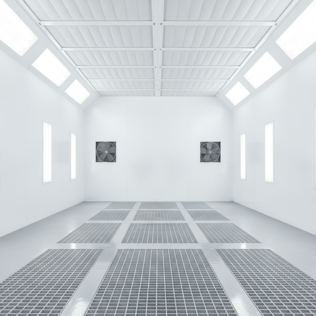 clean empty automotive paint spray booth with bright even lighting