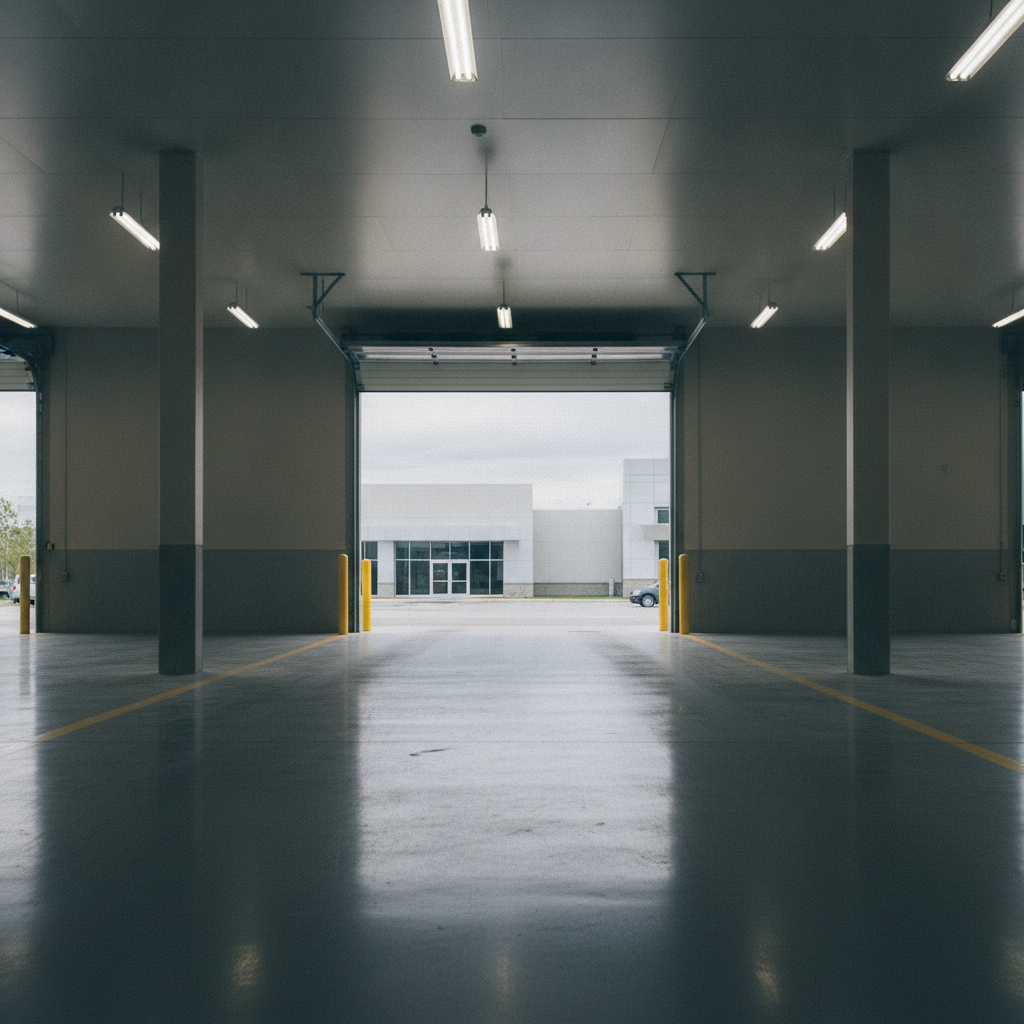 empty service drive through lane with the overhead door open to daylight