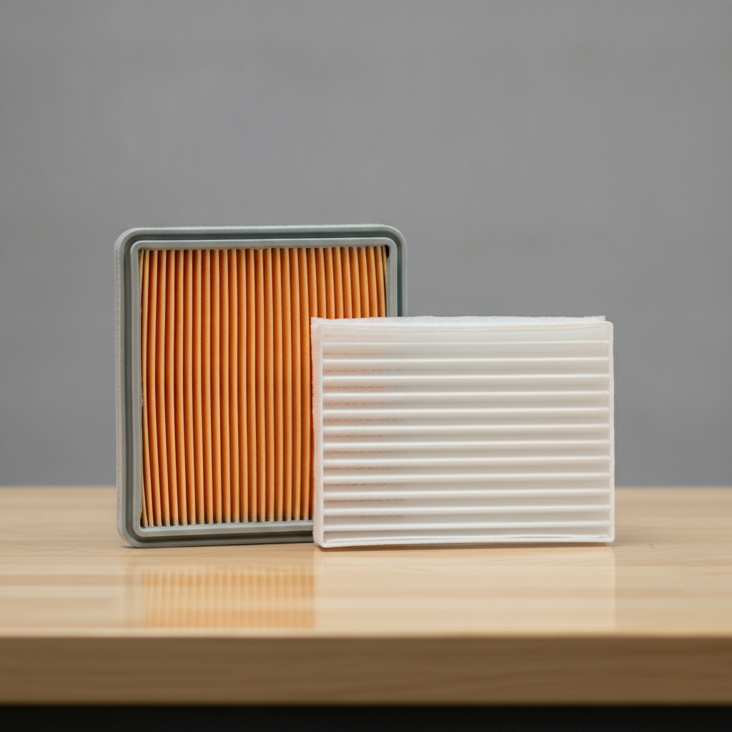 a new engine air filter beside a new cabin air filter on a workbench