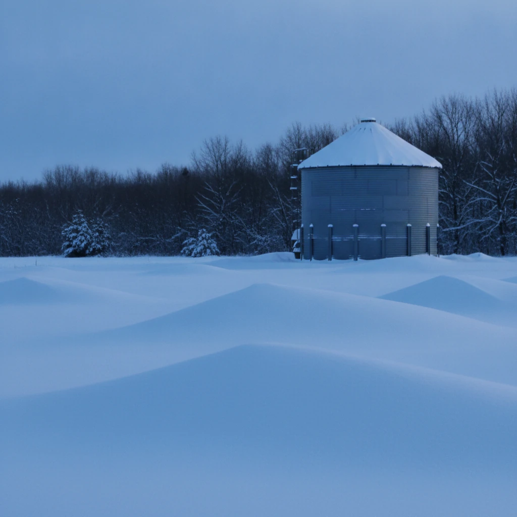 snow covered farm yard at dawn with deep fresh drifts and a grain bin