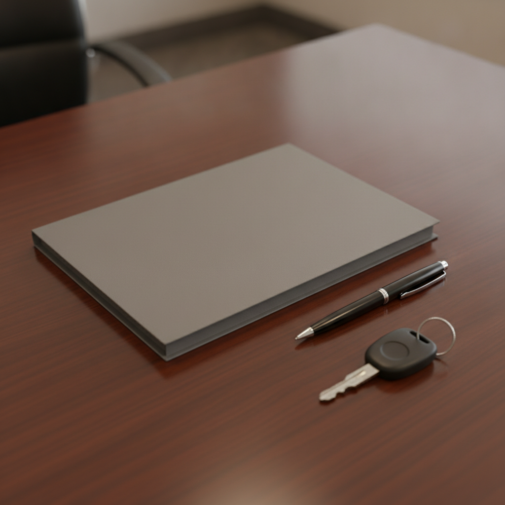 closed document folder, pen and vehicle keys on a dealership finance office desk