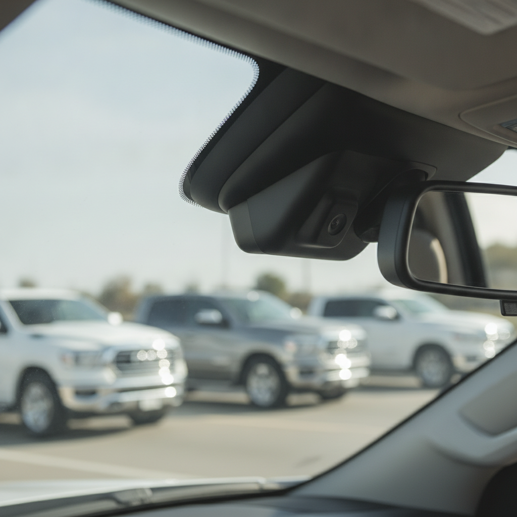 forward facing camera housing mounted behind the windshield beside the rearview mirror in a Ram 1500