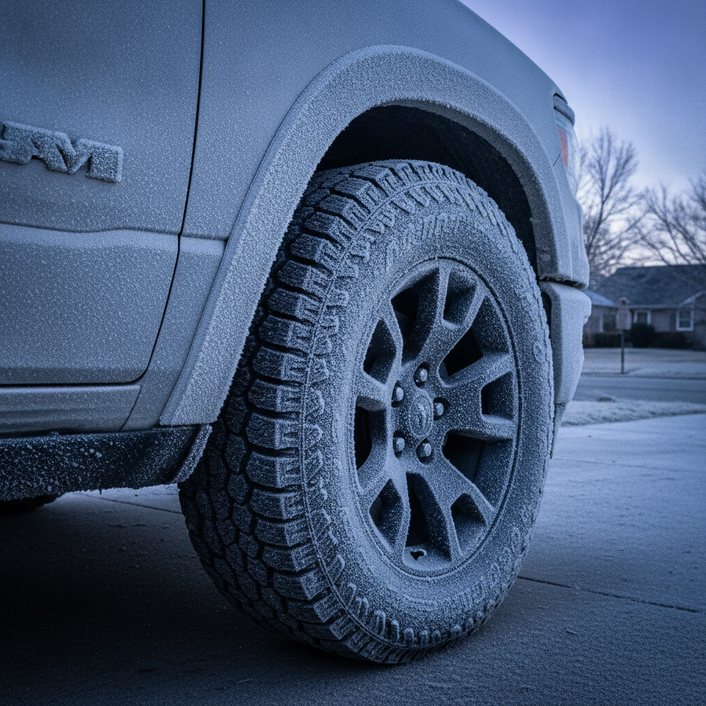 frost covered Ram 1500 tire and alloy wheel in a driveway before sunrise