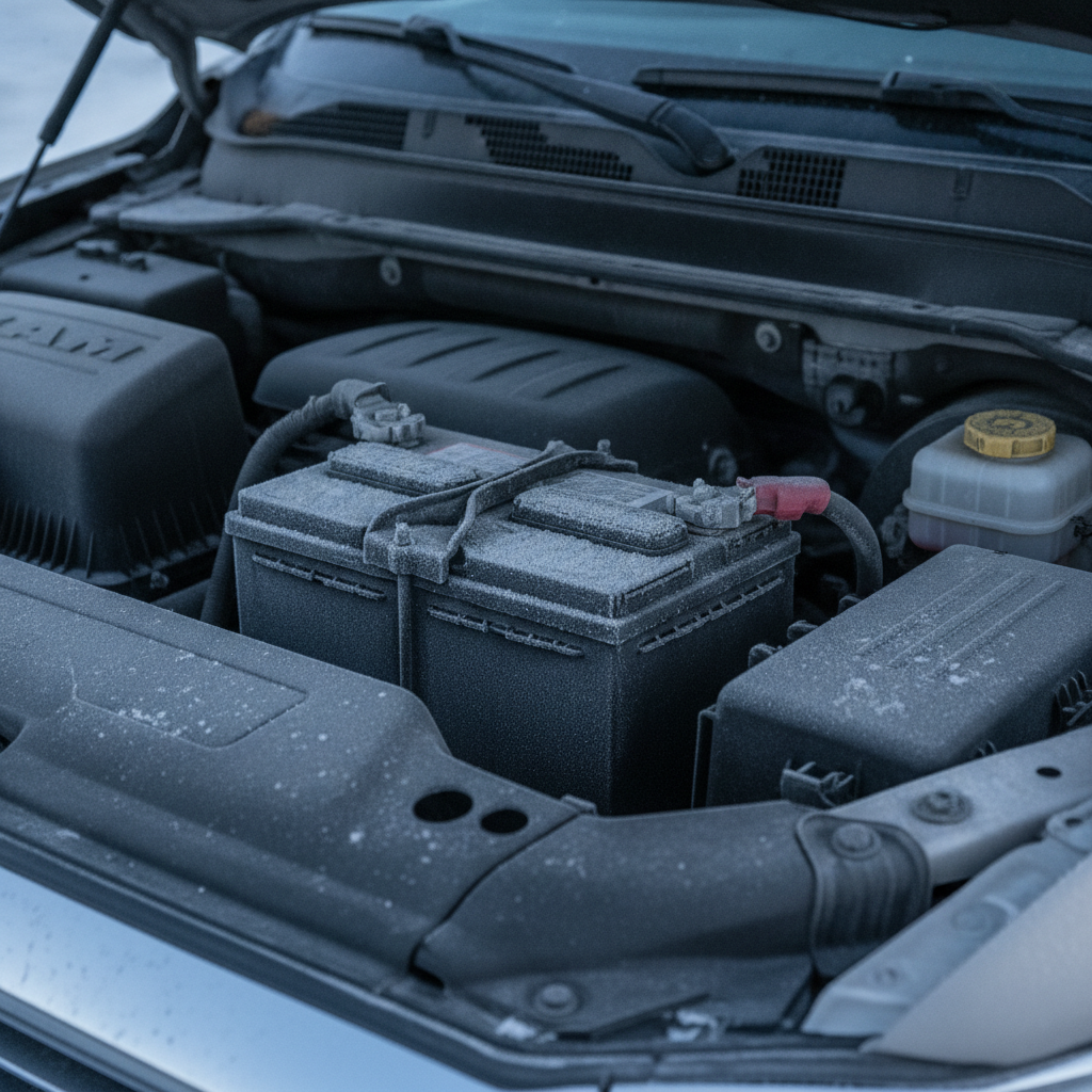 frosted truck battery and terminal clamps under an open hood on a cold winter morning