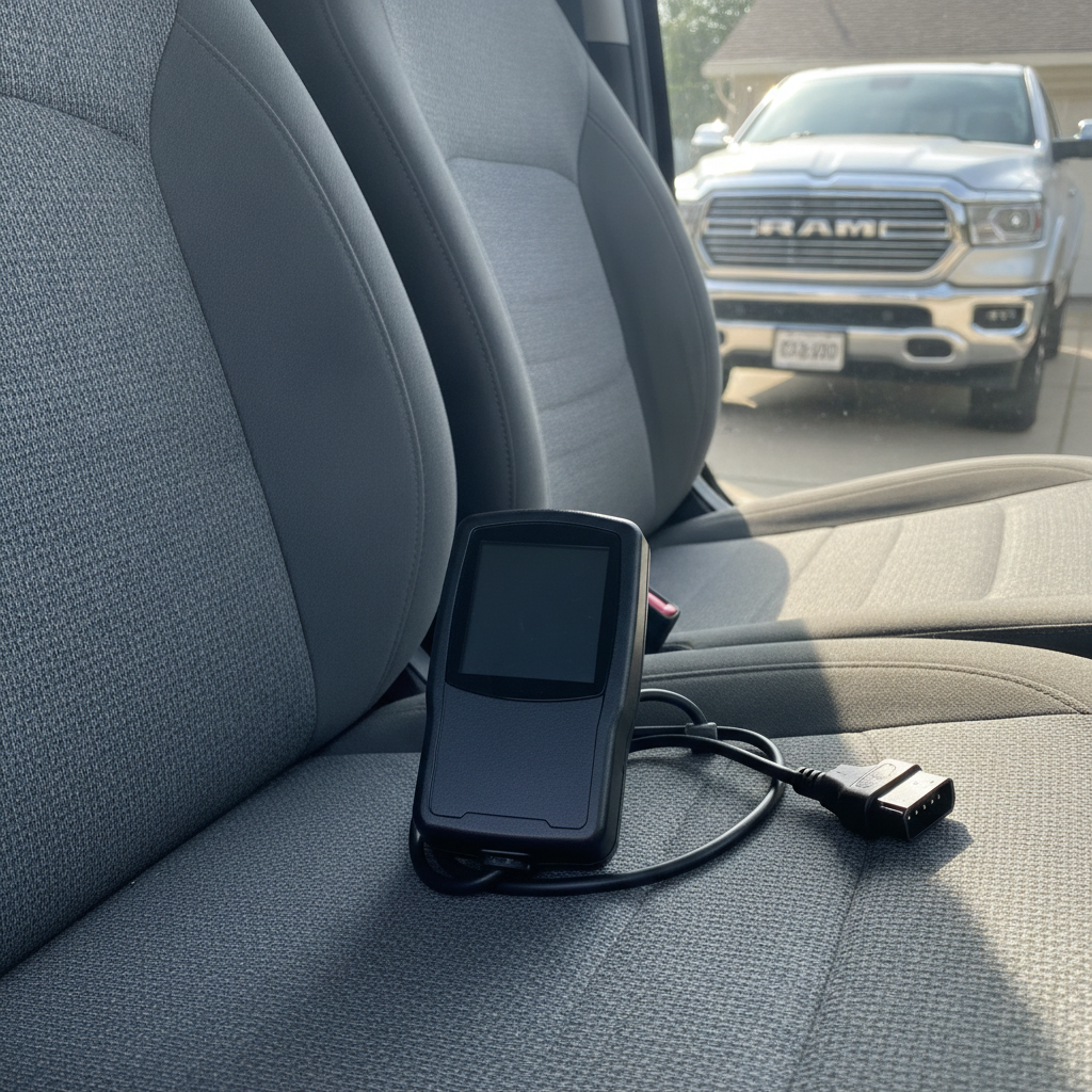 handheld automotive code reader resting on a vehicle seat with its cable coiled
