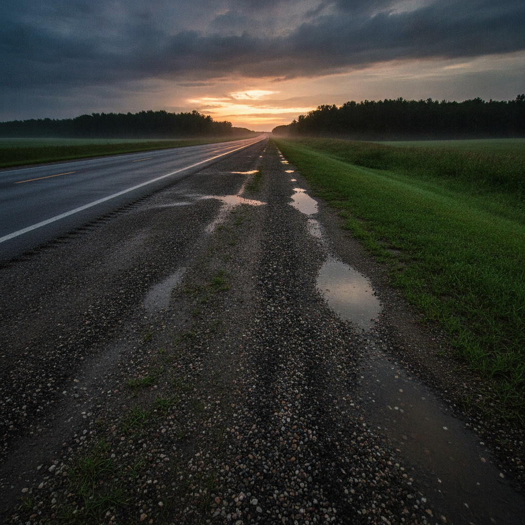 empty gravel shoulder beside a two lane prairie highway at dusk after rain