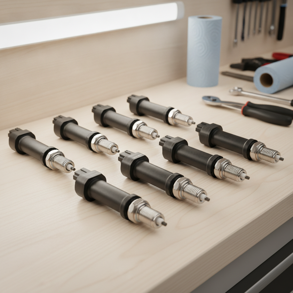 ignition coils and spark plugs laid out on a workshop bench