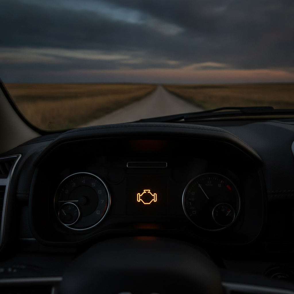 pickup instrument cluster with a single amber engine warning symbol lit at dusk