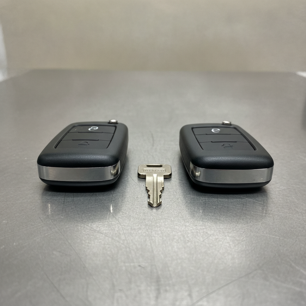 two vehicle key fobs beside a cut metal emergency blade key on a workbench
