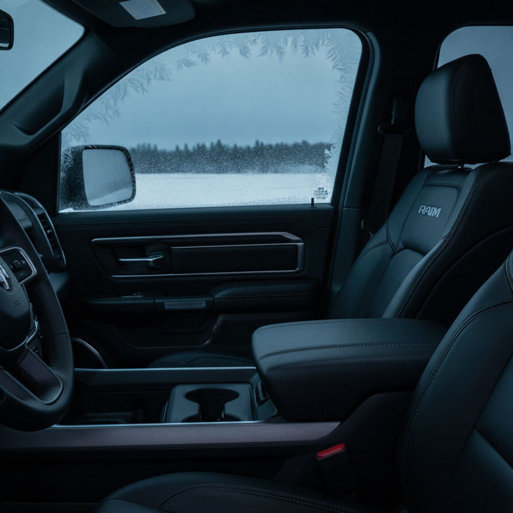 leather truck seat beside a frosted side window on a cold Manitoba morning