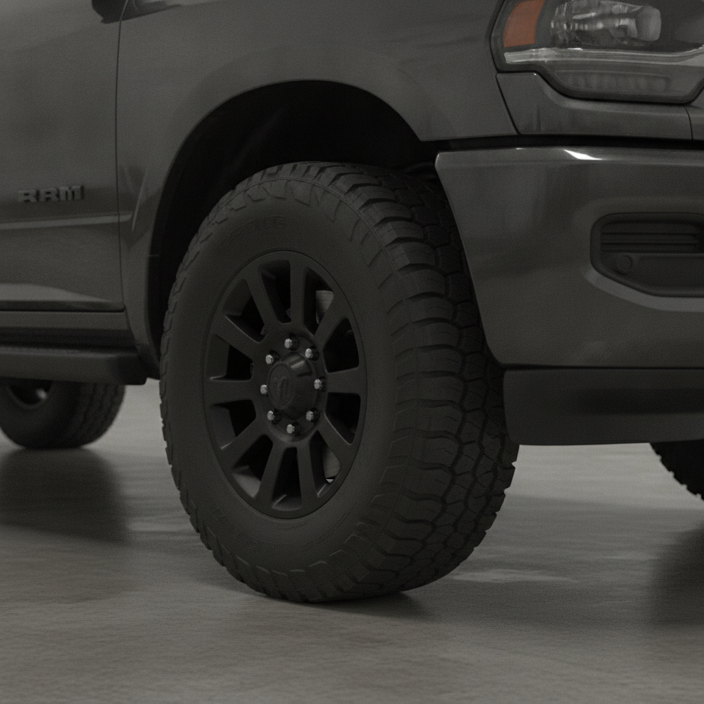 all terrain light truck tire on a black wheel of a heavy duty pickup in a dealership shop