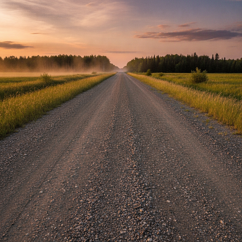 loose crushed stone on a Manitoba gravel grid road with ditch grass and a distant shelterbelt