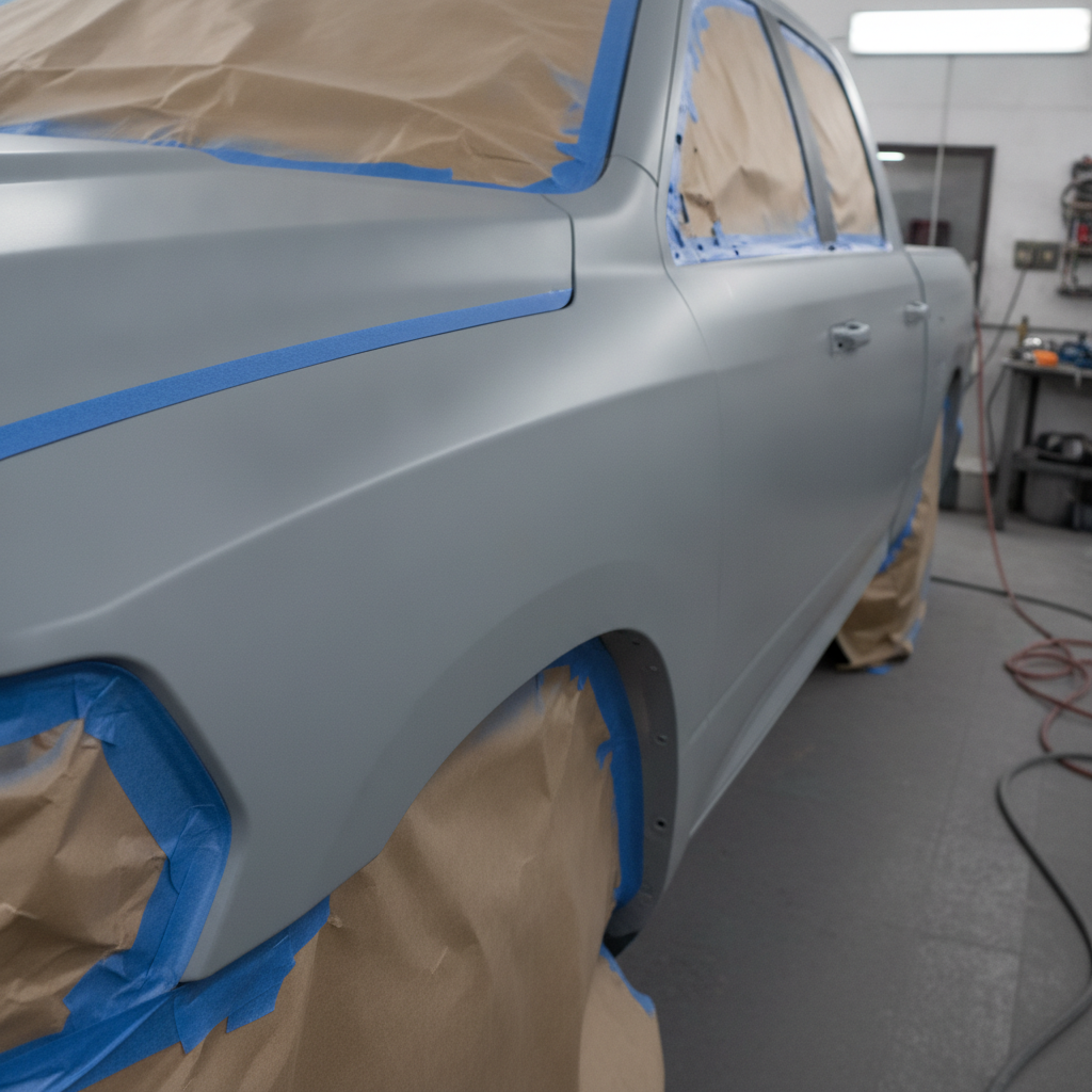 masked and primed vehicle fender panel ready for refinishing with a crisp tape edge