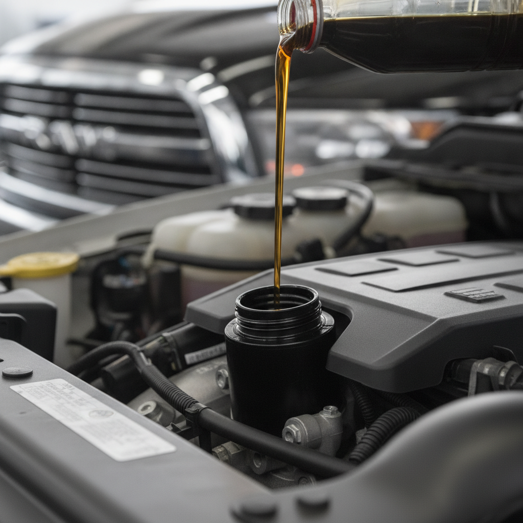 fresh motor oil pouring into an engine filler neck in a workshop