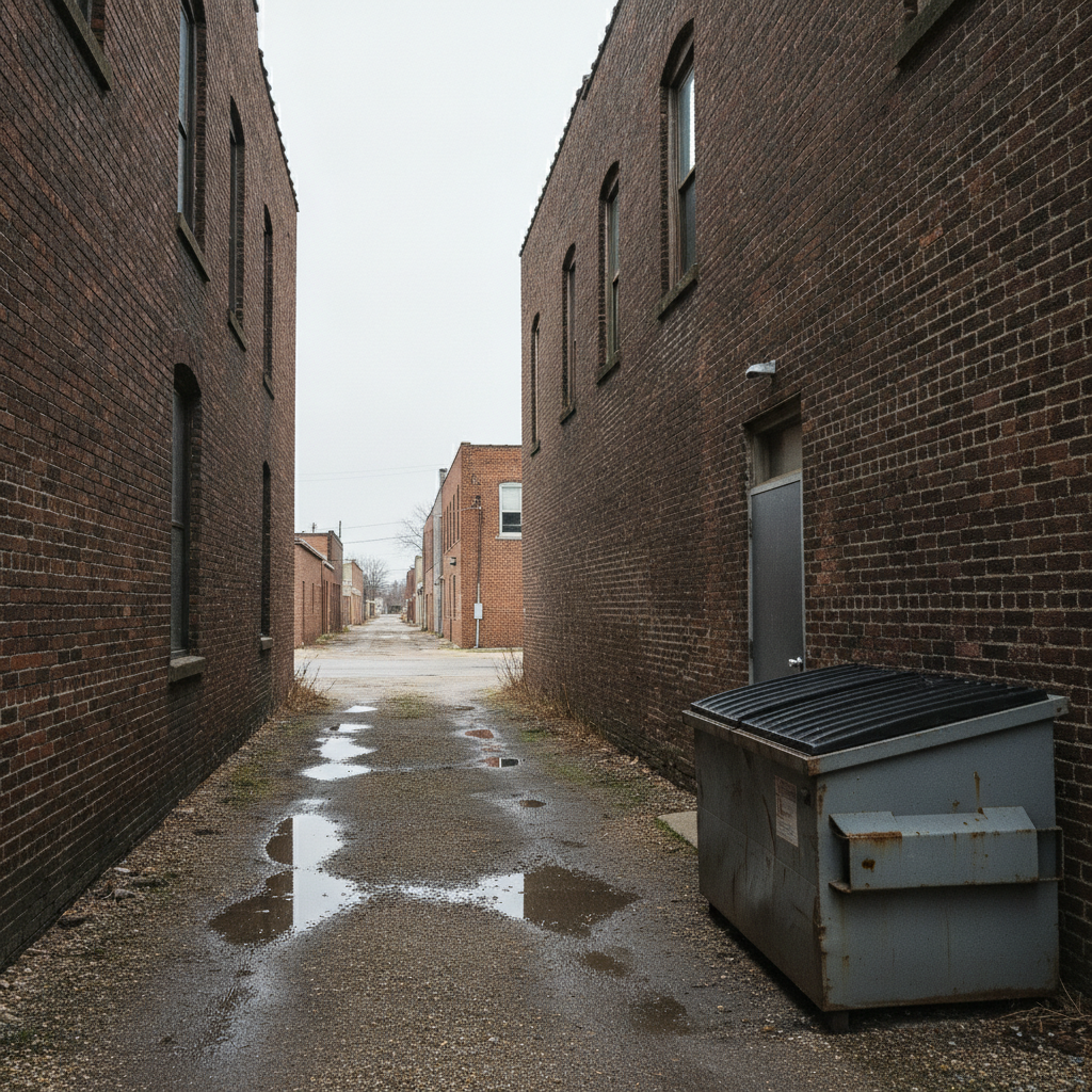 narrow back lane between brick buildings in a small prairie town