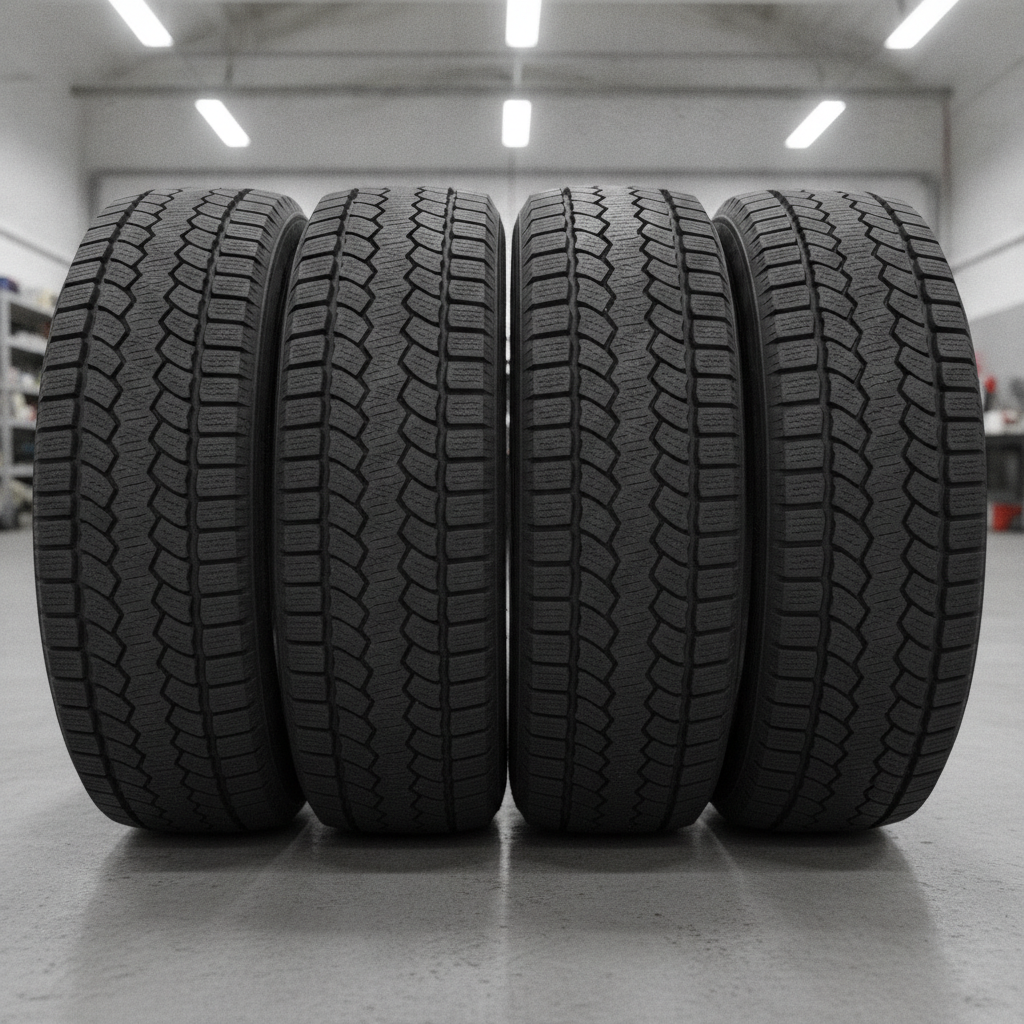 four new winter truck tires standing in a row on a shop floor