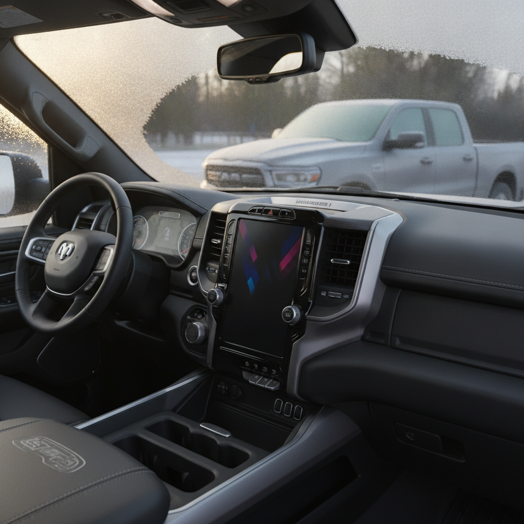 pickup truck centre console gear selector in soft morning light with frost on the windshield edge
