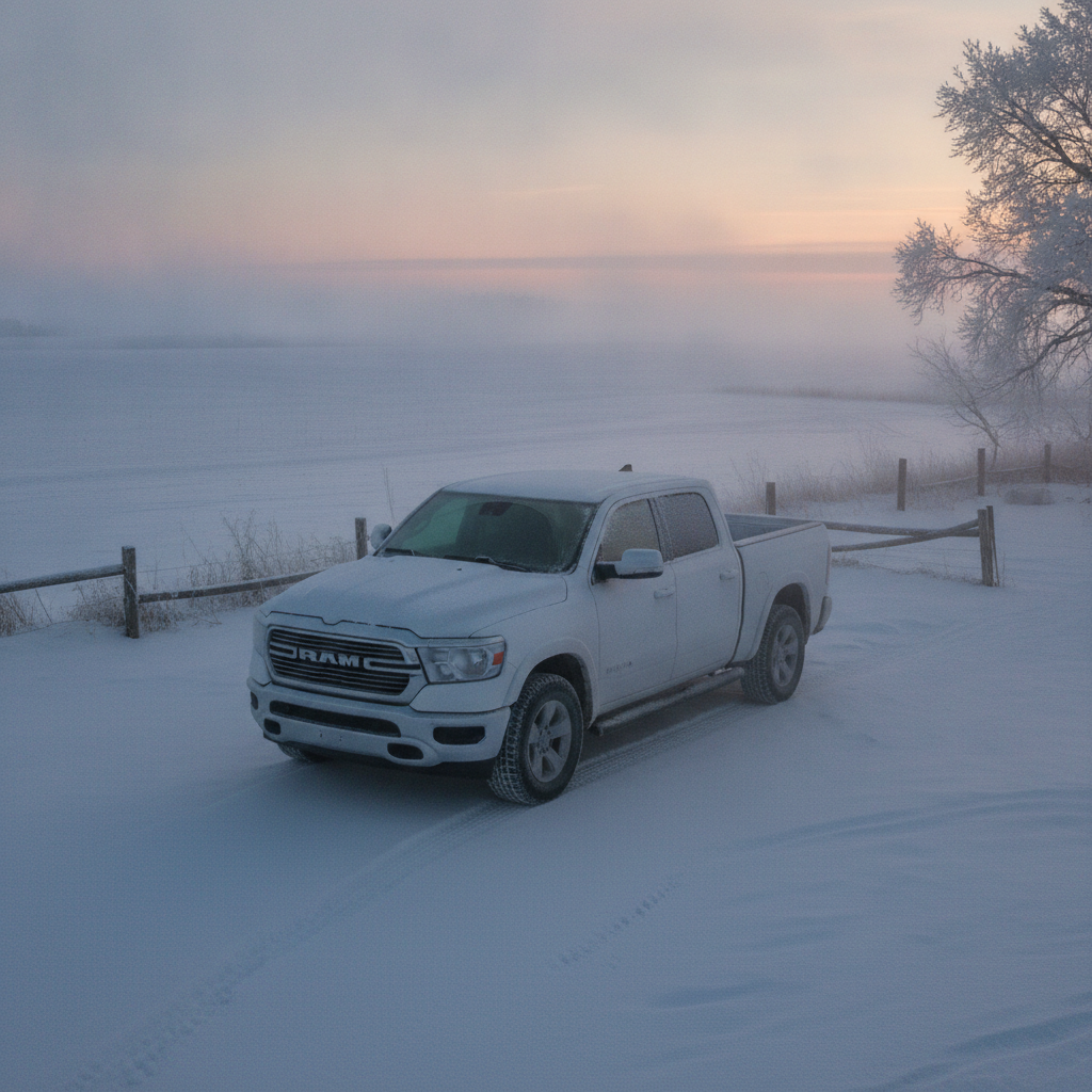 frost covered pickup truck in a snowy prairie yard on a cold sunrise morning