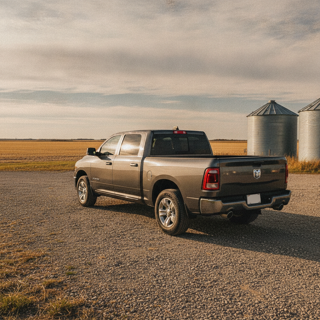 pickup truck parked on a gravel farmyard driveway beside a stubble field in early fall