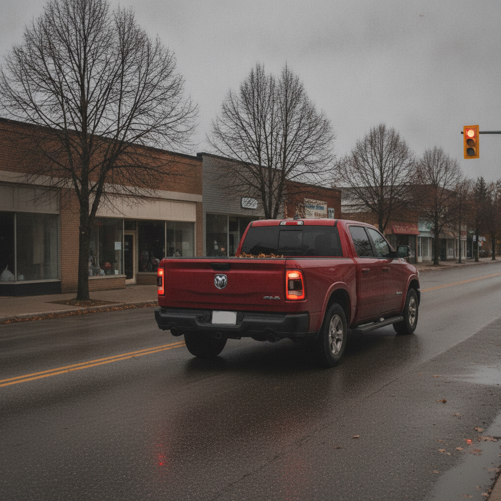 pickup truck stopped at a red light on a small town Manitoba main street in late autumn