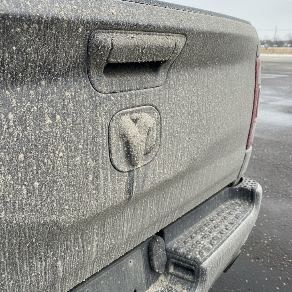 pickup truck tailgate covered in winter road salt film and slush near the camera