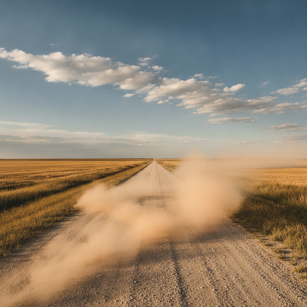 prairie gravel road with a heavy dust plume drifting across the ditch under a wide sky